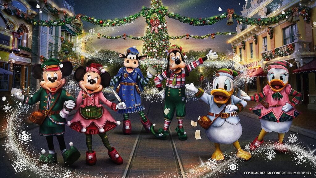 Mickey Mouse, Minnie Mouse, Goofy, Pluto, Donald Duck, and Daisy Duck dressed in colorful Christmas outfits in a festive decorated street with garlands and a Christmas tree in the background.