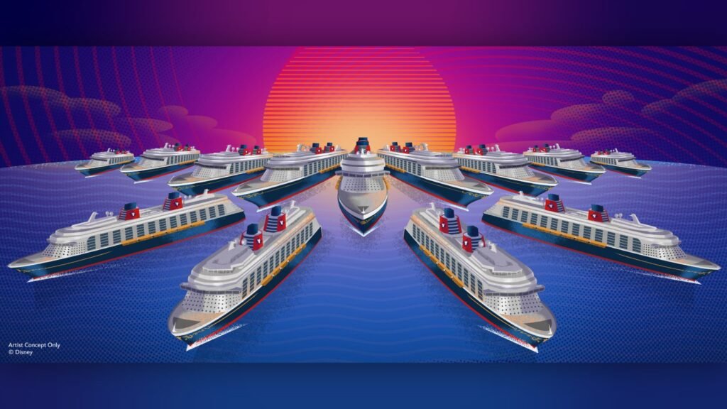 Illustration of multiple cruise ships sailing towards a vibrant sunset with a purple and pink sky, created in a stylized, graphic design format.