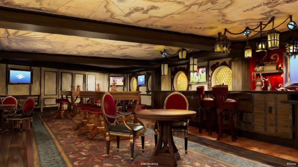 Artist rendering of a pirate-themed bar with wooden furniture, red cushioned chairs, ornate light fixtures, and round windows.