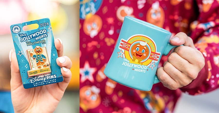 Person holding a Disney JOLLYWOOD NIGHTS commemorative pin and mug with "2024" and "Happy Hollie Days" text featuring a festive cartoon character.