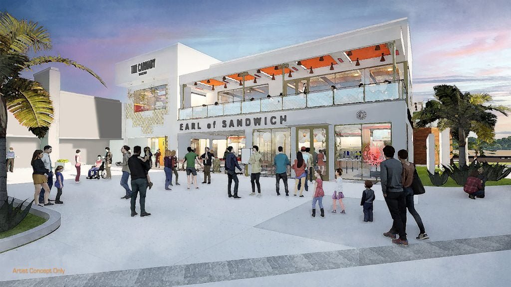 Exterior rendering of an Earl of Sandwich restaurant with people gathered outside.