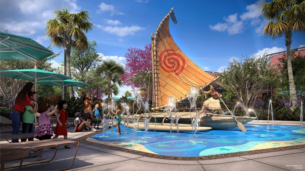 Artist rendering of "Moana's Voyage" a whimsical new splash area featuring life-size sculptures of Moana and her iconic canoe.
