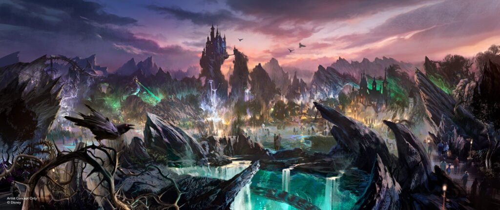 Fantasy landscape featuring dark, jagged mountains, an ominous castle, glowing green waters, a roller coaster, and a group of people walking on a path with a raven perched on a branch in the foreground.