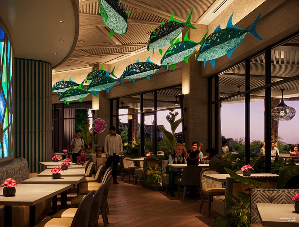 Artist rendering of the dining room of new Wailulu Bar & Grill, opening on December 17. The casual restaurant will feature a variety of Polynesian-inspired artwork created exclusively for the space.