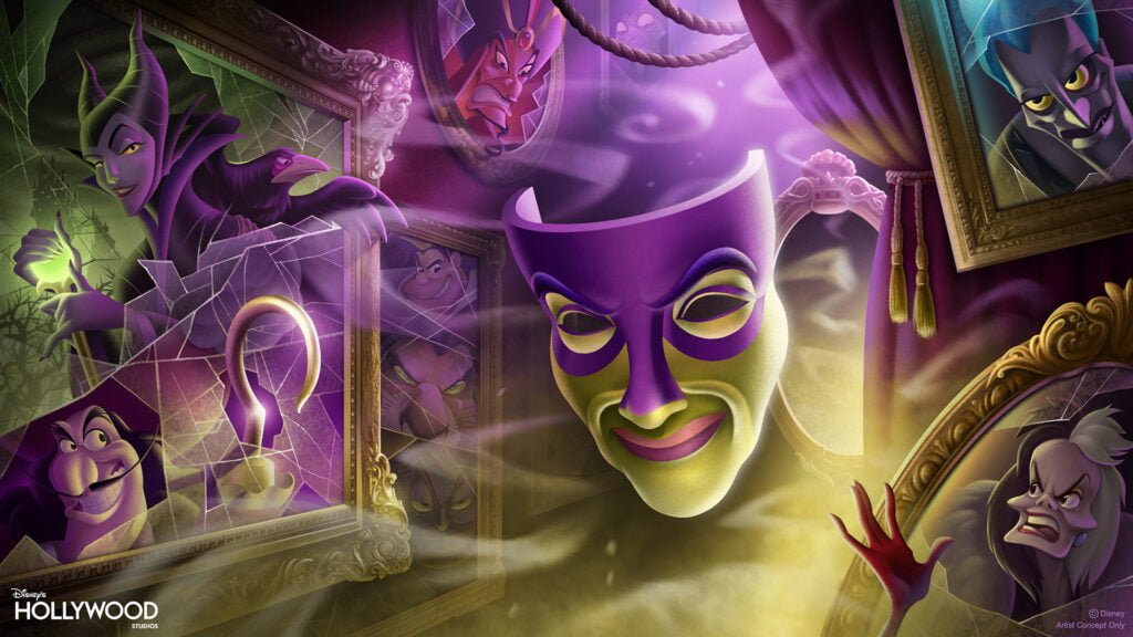 Artwork featuring a large floating theater mask with green and purple colors, surrounded by cracked, framed portraits of various Disney villains or 'forces of evil'.