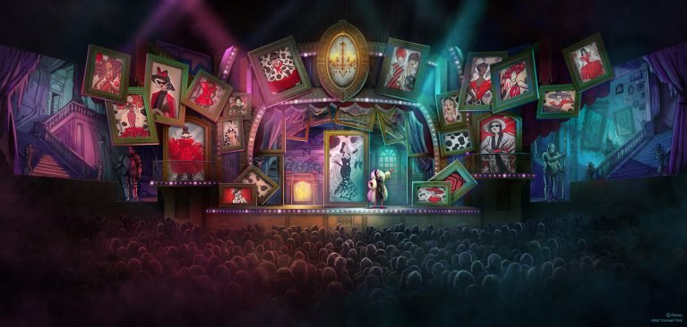 An animated stage performance featuring a central spotlight on a character, surrounded by large framed pictures illustrating various scenes and characters. The audience is seen in the foreground.
