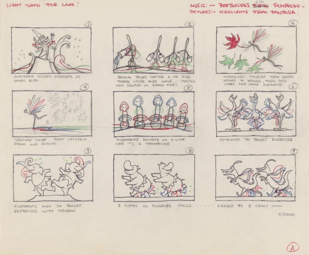 Storyboard for a light show featuring characters and scenes from "Fantasia."