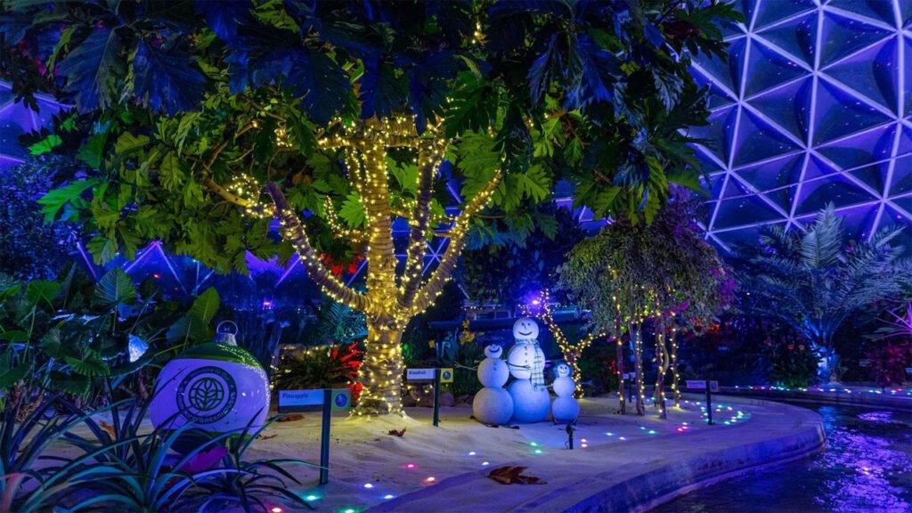 A brightly lit indoor garden featuring a large tree adorned with string lights, surrounded by various plants. There are three snowmen made of white material, and colorful lights illuminate the ground. Signs display the names of some plants.
