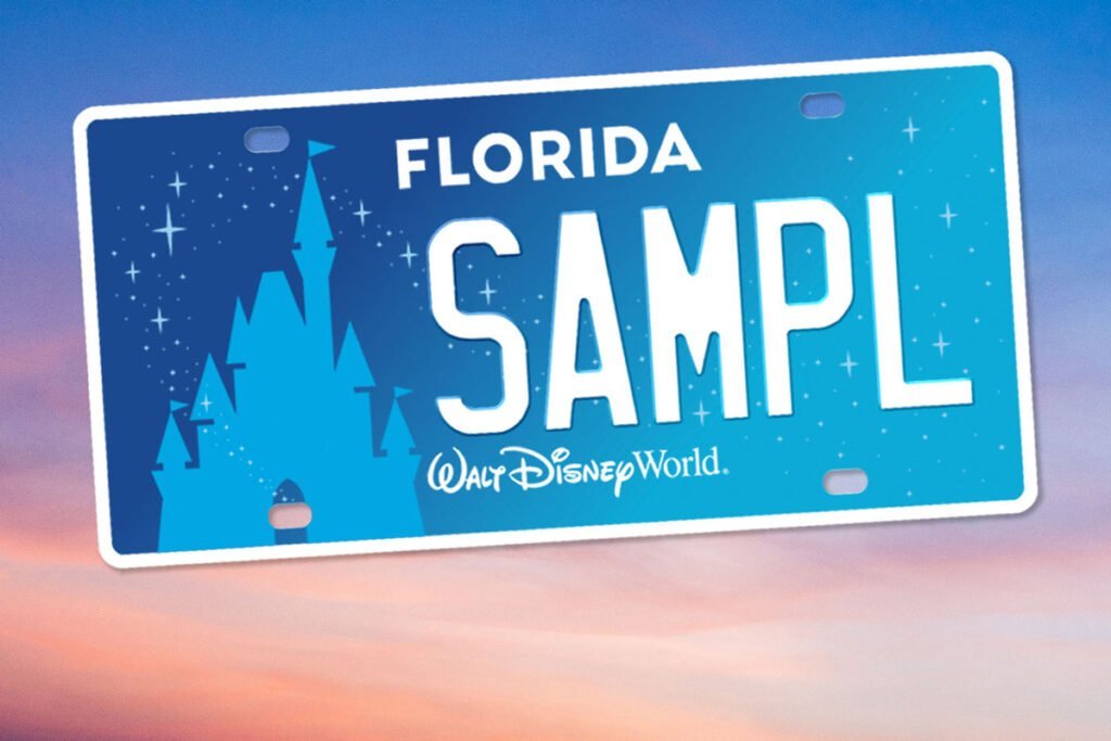 A blue Florida license plate displaying the word "SAMPL," with a silhouette of a castle and the text "Walt Disney World" below it, set against a gradient sky background.