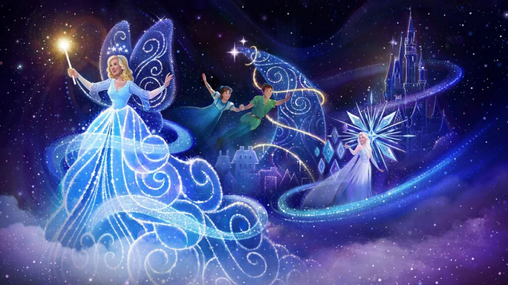 An illustration featuring magical characters, including a fairy with a wand, two flying boys, and an ice queen, all set against a starry background with swirls of blue and purple, alongside a castle.