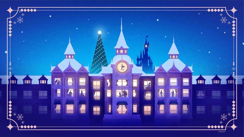 A whimsical winter scene depicting a large building with pointed rooftops, a clock in the center, and various illuminated windows, set against a starry blue night sky. A green Christmas tree is prominently displayed at the top, with a silhouette of a castle in the background. Decorative borders and snowflakes frame the image.