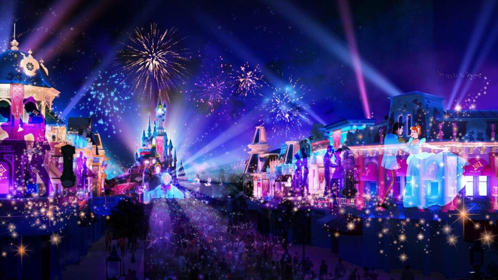A vibrant nighttime scene featuring fireworks and colorful lights over a whimsical castle, with animated characters dancing on rooftops, surrounded by a crowd celebrating in a festive atmosphere.