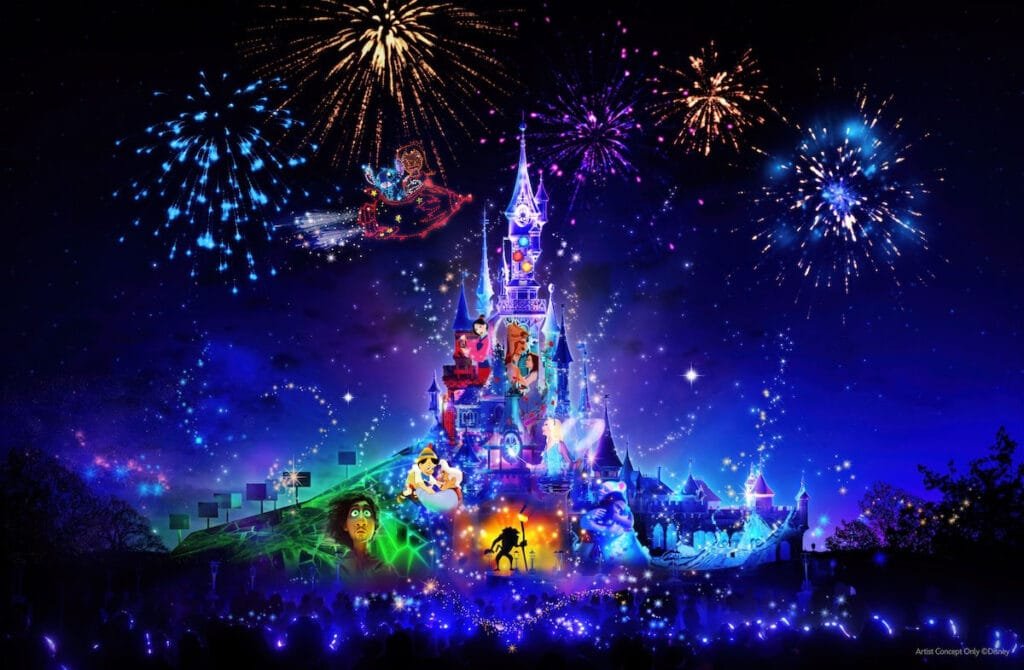 A vibrant, magical castle is illuminated at night with various Disney characters and colorful fireworks in the sky, creating a festive atmosphere.