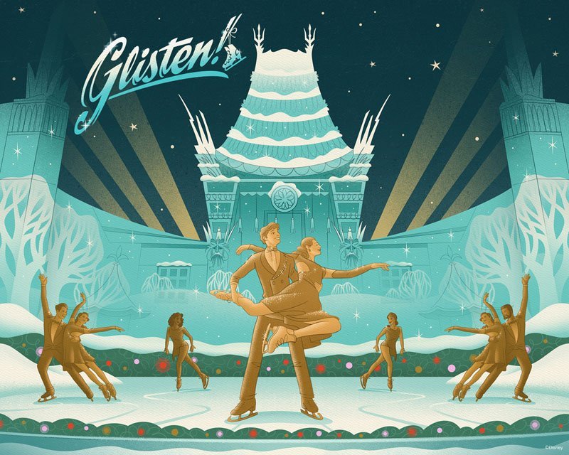 An illustrated winter scene featuring a festive ice skating rink with skaters performing routines in a skating show. In the foreground, a couple is engaged in a lift pose. The background includes a grand, stylized building adorned with decorations and snow. The title "Glisten!" is displayed at the top in a playful font.