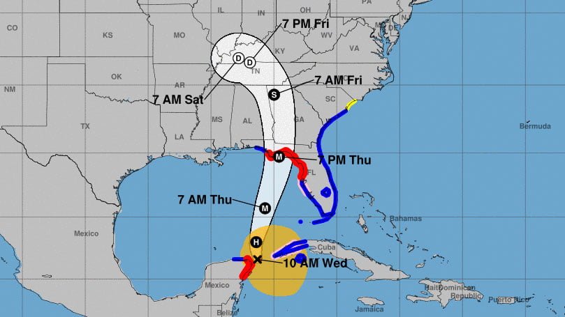 A map showing a hurricane tracking path with projected locations and times, marked by colored lines indicating the storm's trajectory, and labeled locations including "10 AM Wed" and "7 AM Thu."