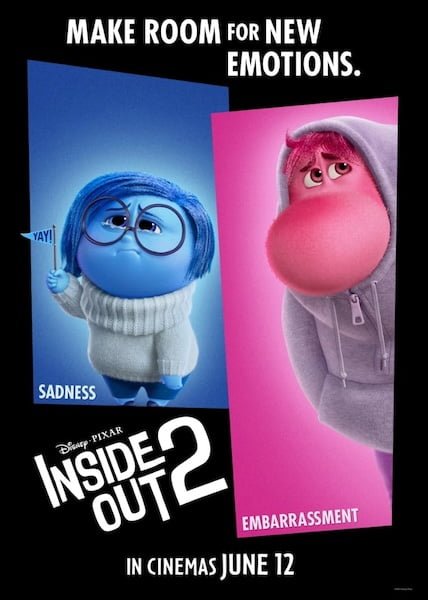 Poster for "Inside Out 2" featuring the characters Sadness and Embarrassment, with text "Make Room for New Emotions" and "In cinemas June 12".