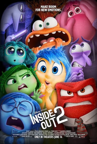 Poster for "Inside Out 2" featuring various colorful characters with emotions like joy, sadness, anger, fear, and disgust. Text states "Make room for new emotions" and "Only in theaters June 14."