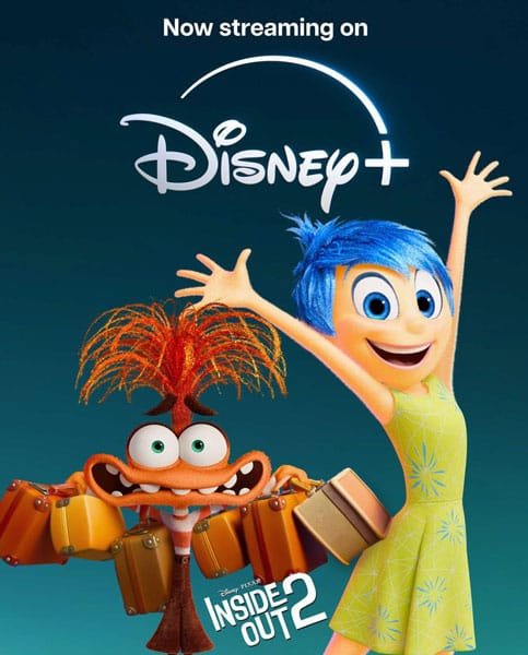 A colorful promotional image featuring two animated characters, one with blue hair and a yellow dress, and another with orange spiky hair holding suitcases, with the Disney+ logo and text announcing "Now streaming on Disney+" above them.