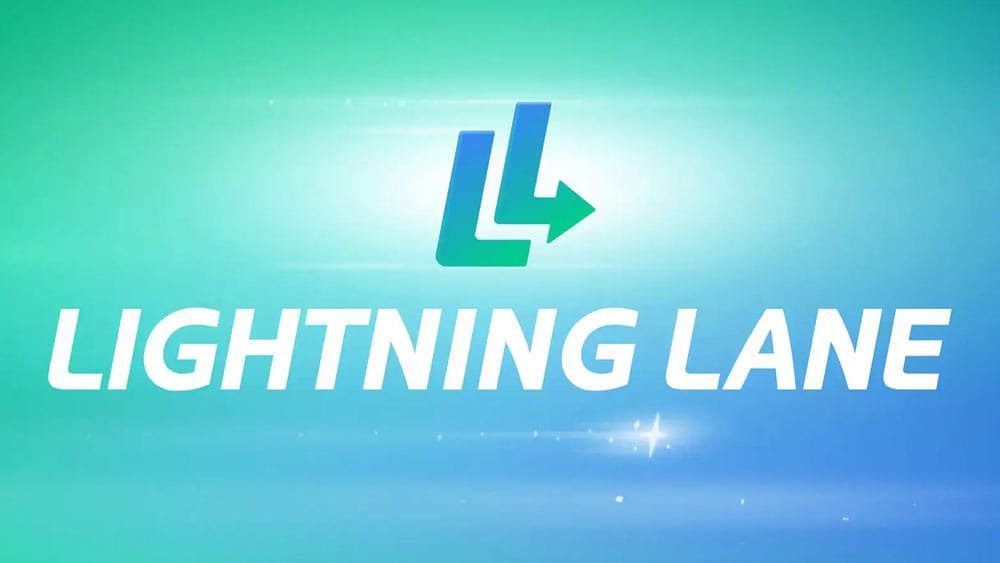 Graphic featuring the text "LIGHTNING LANE" with a stylized logo, set against a gradient background of green and blue hues.
