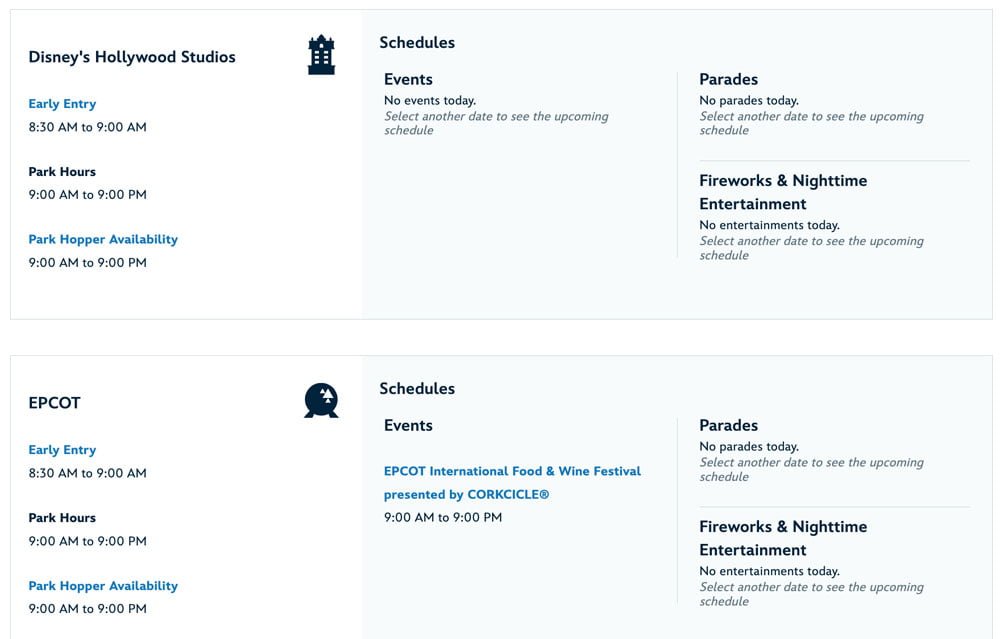 Schedule overview for Disney's Hollywood Studios and EPCOT, including early entry times, park hours, events, parades, and nighttime entertainment availability. Luminous and Fantasmic! are canceled tonight.