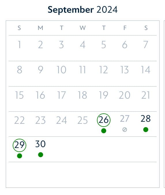 A calendar for September 2024, showing dates from 1 to 30, with specific dates marked in green circles, including September 26, which is highlighted. Park reservations are unavailable for annual passholders.