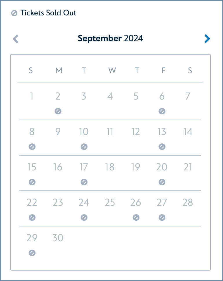 Calendar for September 2024 showing all days marked with a "Tickets Sold Out" icon.