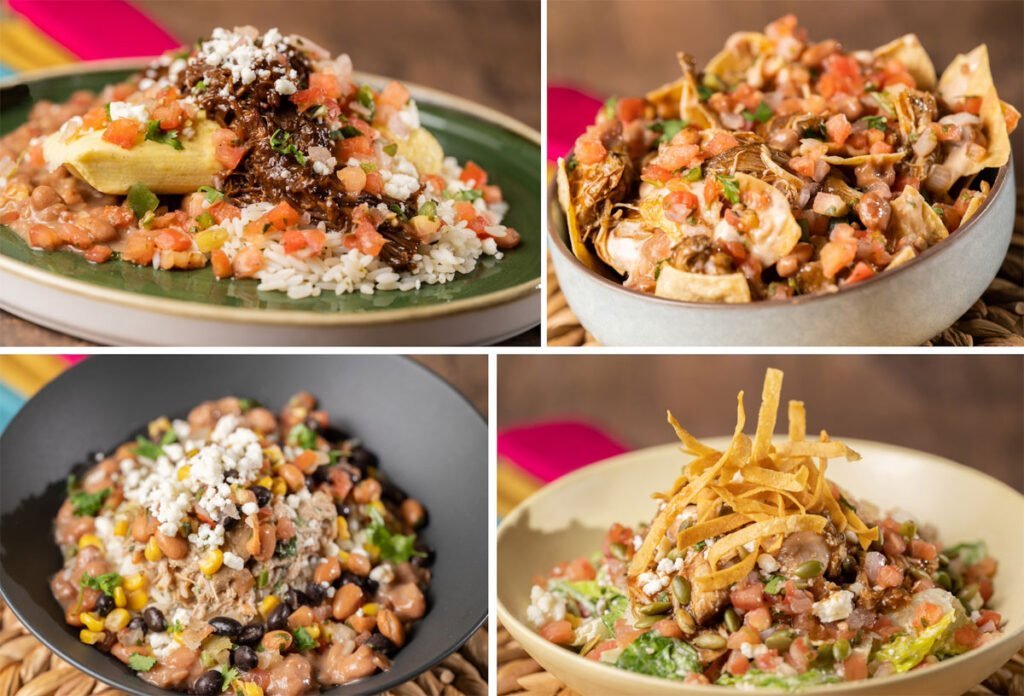 Four dishes with colorful Mexican food, featuring ingredients like beans, pico de gallo, shredded meat, cheese, tortillas, and rice in ceramic bowls and plates.