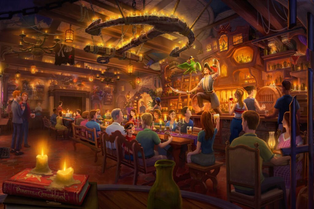 A lively tavern scene with people gathered around tables, enjoying drinks. A pirate stands on a table, holding a sword and a drink, while a parrot sits on his shoulder. Lanterns and chandeliers hang from the ceiling, and a "Pirates of the Caribbean" book with candles on top is visible in the foreground.