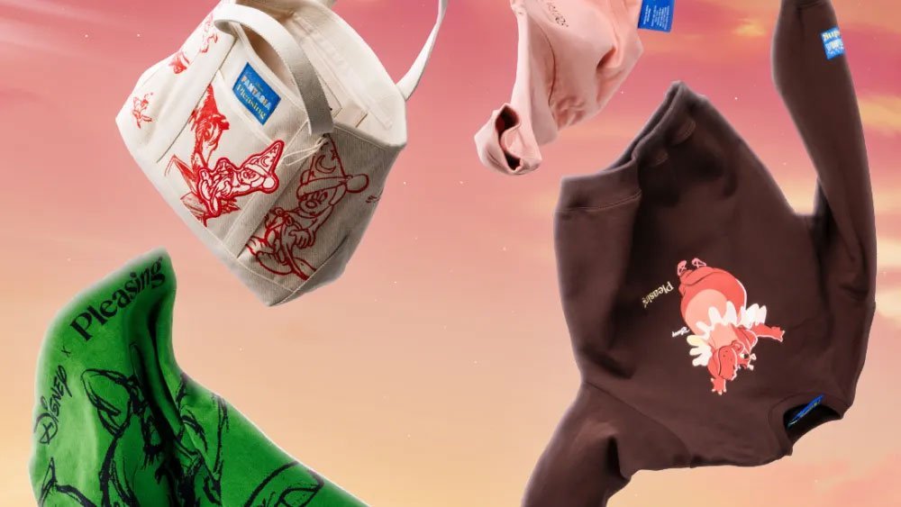 A collection of clothing items including a tote bag and hoodies with various cartoon character designs, set against a colorful background.
