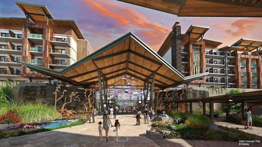 A digital rendering of a modern hotel entrance surrounded by lush landscaping, featuring a large, sloped roof and wooden architectural elements. People, including a woman with two children, are walking toward the entrance, which includes artistic designs and a welcoming atmosphere.