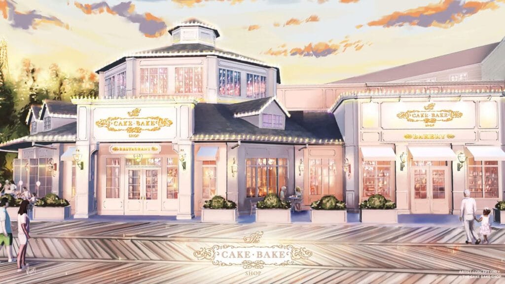 A digital illustration of a charming cake shop with a light-colored facade featuring large windows and decorative signage. There are outdoor seating areas with plants, and people are enjoying their time outside. The sky is painted with soft pastel colors, hinting at sunset.
