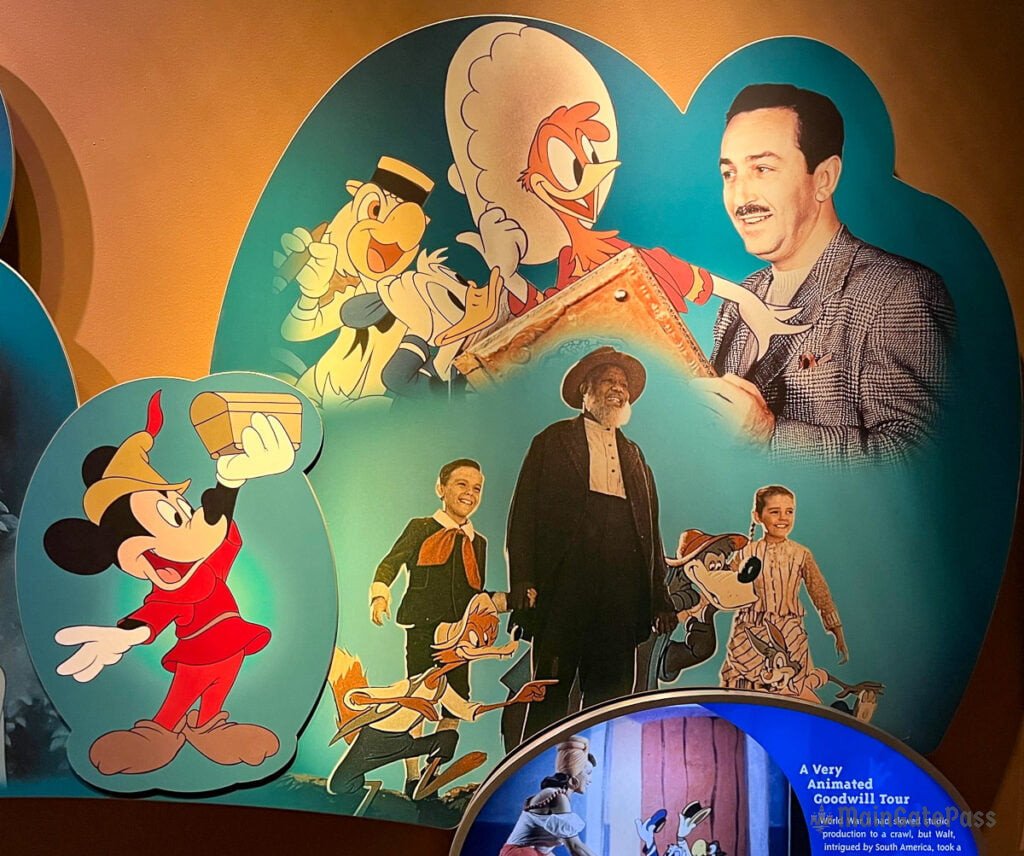 A collage featuring Disney characters such as Mickey Mouse, Donald Duck, and José Carioca, alongside a man in a checked suit and other individuals.