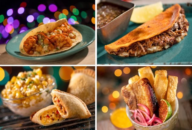 Assorted dishes featuring tacos with shrimp, a quesadilla, a bowl of corn salad, empanadas, and fried plantains in a decorative setting with blurred colorful lights in the background.