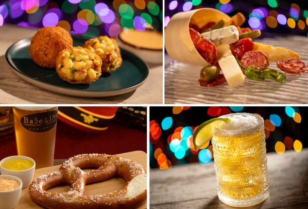 A collage of four food and drink images featuring crispy fried bites on a green plate, a selection of cheeses and meats, a pretzel with dipping sauces, and a glass of beer with a lime wedge, set against a colorful, blurred background.