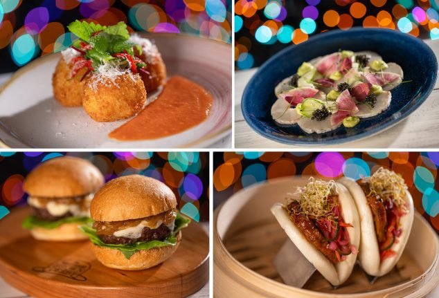 A collage of four dishes: the top left features crispy balls garnished with herbs on a plate with sauce, the top right shows a circular plate with thinly sliced fish and green garnishes, the bottom left displays two small burgers on a wooden tray, and the bottom right contains steamed buns filled with meat and topped with sprouts and vegetables, all set against a colorful bokeh background.