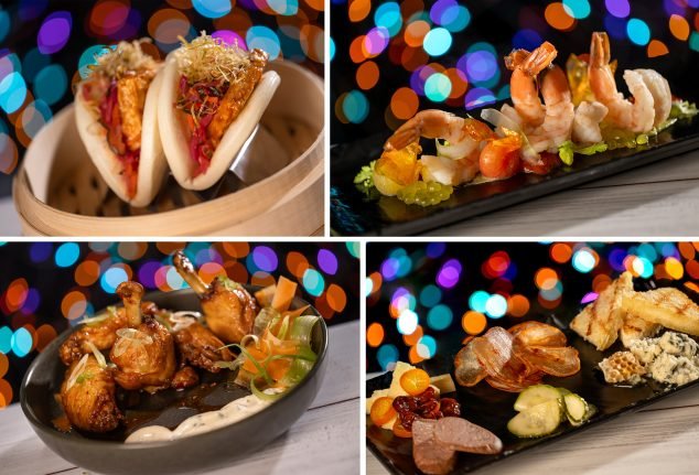 A collage of four plates of vibrant Asian-inspired dishes, featuring bao buns with colorful toppings, a platter of shrimp and citrus, a bowl of chicken wings with dipping sauces and garnishes, and a selection of assorted meats and sides, all against a colorful bokeh background.