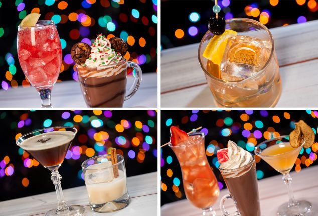 A collage of four different cocktails and drinks, featuring a sparkling drink with a slice of lime, a chocolate beverage topped with whipped cream and cookies, a classic martini with a cinnamon stick, a creamy drink in a short glass, a fruity cocktail garnished with strawberries, a dessert-like drink with whipped cream, and an orange cocktail finished with a cookie. The background is filled with colorful bokeh lights.