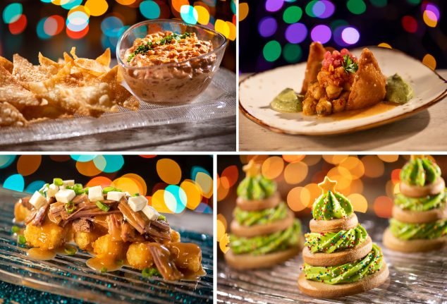 An assortment of festive dishes displayed in four sections: crispy tortilla chips with a savory dip, a plate of filled pastries topped with salsa and guacamole, a savory dish featuring sweet potatoes and pulled meat, and dessert treats designed to resemble Christmas trees, decorated with green icing and festive sprinkles, all presented against a colorful blurred background.