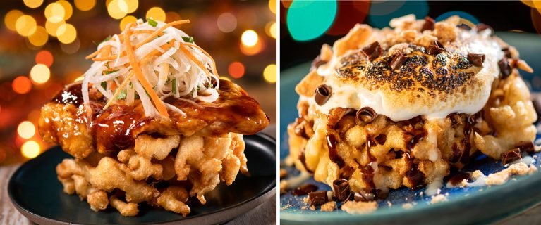 A split image featuring two gourmet dishes. On the left, a fried item topped with grilled chicken, a glossy sauce, and thinly sliced vegetables on a dark plate, with a blurred colorful background. On the right, a dessert consisting of a fried dough item topped with melted marshmallow, chocolate pieces, and crumbled toppings on a blue plate.