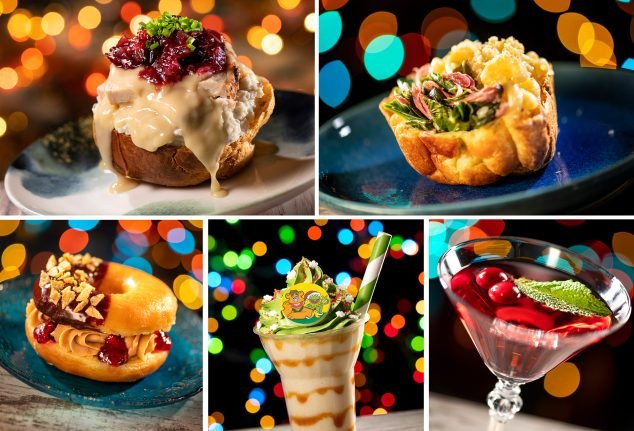 A collage of five colorful food items on a festive background: a baked potato topped with gravy and cranberry sauce, a savory bread bowl filled with vegetables and meat, a donut filled with cream and topped with nuts, a striped milkshake with green whipped cream and a festive straw, and a cocktail in a martini glass garnished with cherries and mint.