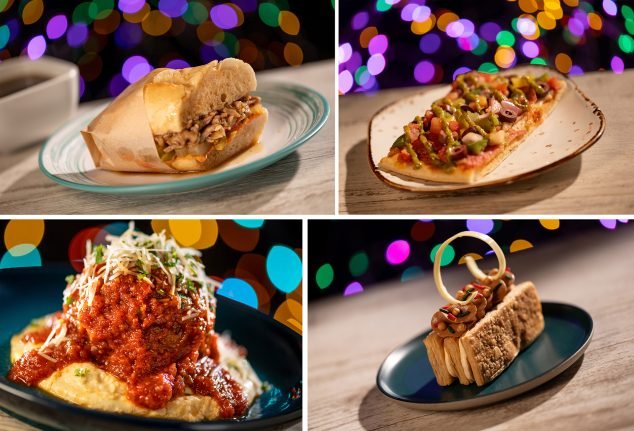 A collage of four dishes on colorful bokeh backgrounds: top left shows a sandwich with meat held in a wrapper, top right features a flatbread topped with vegetables and sausage, bottom left displays a meatball with marinara sauce on a bed of mashed potatoes, and bottom right presents a dessert with chocolate and cream on a plate.