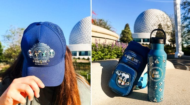 A person is holding a blue hat featuring a "Wine & Dine" logo, partially obscuring their face, with a Disney theme park in the background. Next to them, there’s a blue insulated water bottle and a small pouch, both adorned with Disney characters and the "Wine & Dine" motif, against a scenic outdoor setting with decorative plants and a dome structure.