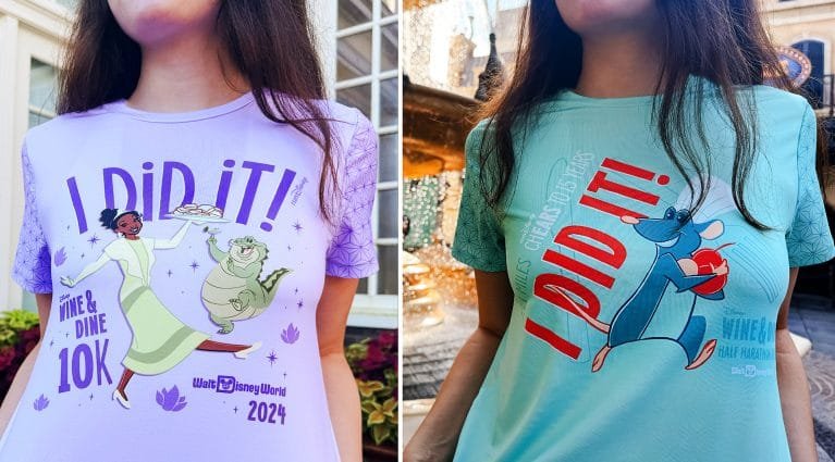 Two women are wearing colorful t-shirts featuring animated characters. The left shirt is purple with an image of a character serving food, captioned "I DID IT! Wine & Dine 10K Walt Disney World 2024." The right shirt is mint green with a character holding a red plate, captioned "I DID IT! Wine & Dine Half Marathon."
