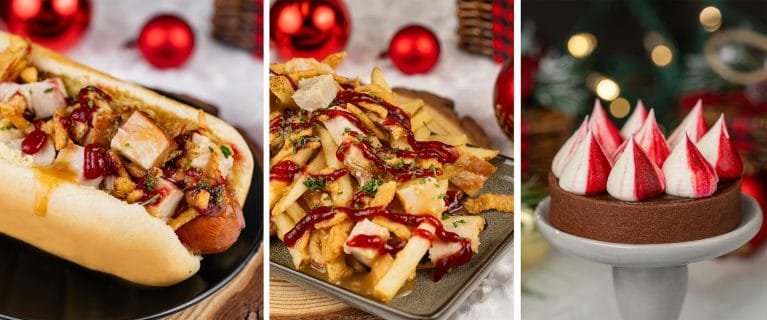 A collage of three festive food items: on the left, a hot dog topped with pieces of chicken and crispy onions; in the middle, a plate of fries covered with chicken, drizzled with ketchup, and herbs; on the right, a chocolate cake decorated with red and white swirled meringue peaks.