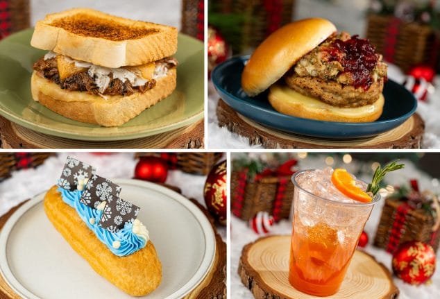 A collage of four food items: a toasted sandwich filled with meat and sauce, a burger with stuffing and cranberry sauce on a bun, a festive dessert resembling a long cream-filled pastry topped with blue frosting and decorative snowflake garnishes, and a cocktail in a clear cup with an orange slice and decorative sprig.