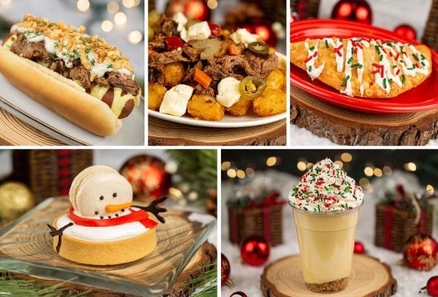 A grid of five festive food items: a loaded hot dog topped with pulled pork and onions, a plate of beef and vegetable nachos, a festive cannoli decorated with red and green sprinkles, a cream-filled dessert shaped like a snowman, and a holiday-themed beverage topped with whipped cream and sprinkles.