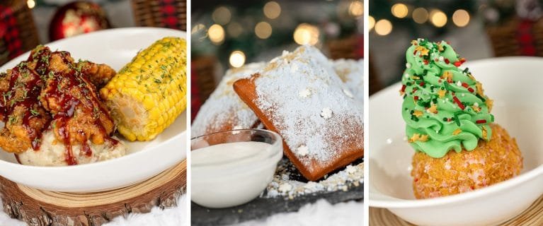 A triptych of food images: on the left, fried chicken with barbecue sauce and corn on the cob served on mashed potatoes; in the middle, powdered sugar-dusted beignets with a small cup of cream; on the right, a festive dessert topped with green frosting and holiday sprinkles.