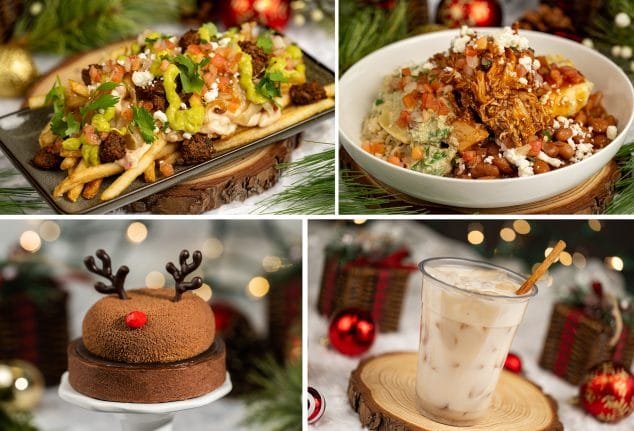 A collage of festive food items: a platter of loaded fries topped with beef, cheese, vegetables, and sauce; a bowl of layered beans and pulled chicken with toppings; a reindeer-themed dessert with antlers and a red nose; and a cup of iced drink with a garnish.