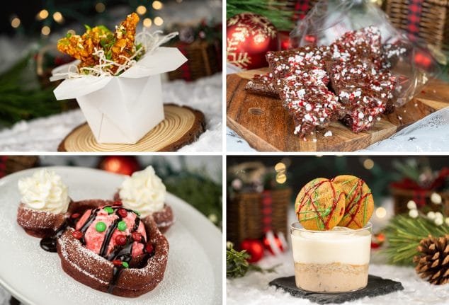 A collage of festive desserts, including a white takeout box filled with caramel popcorn, chocolate bark topped with peppermint, a chocolate cupcake with ice cream and whipped cream, and a dessert cup with layers of cream and a decorated cookie. Holiday decorations, including pine leaves and ornaments, are visible in the background.