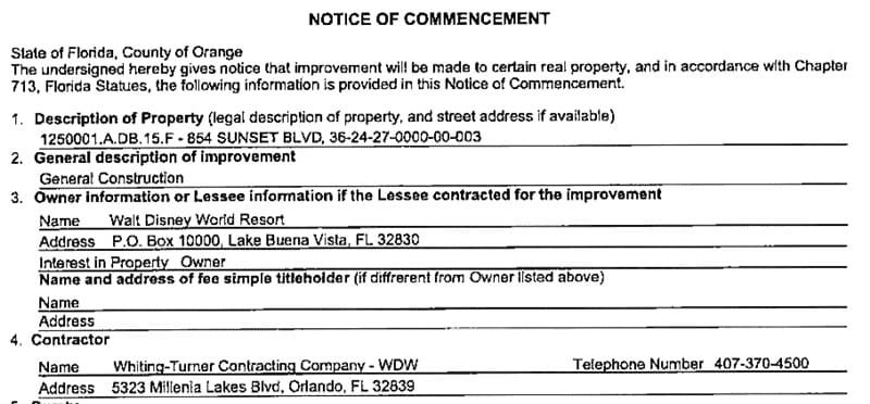 Notice of Commencement document for a property improvement in Orange County, Florida. The permit is for work on a new villains show at Hollywood Studios.